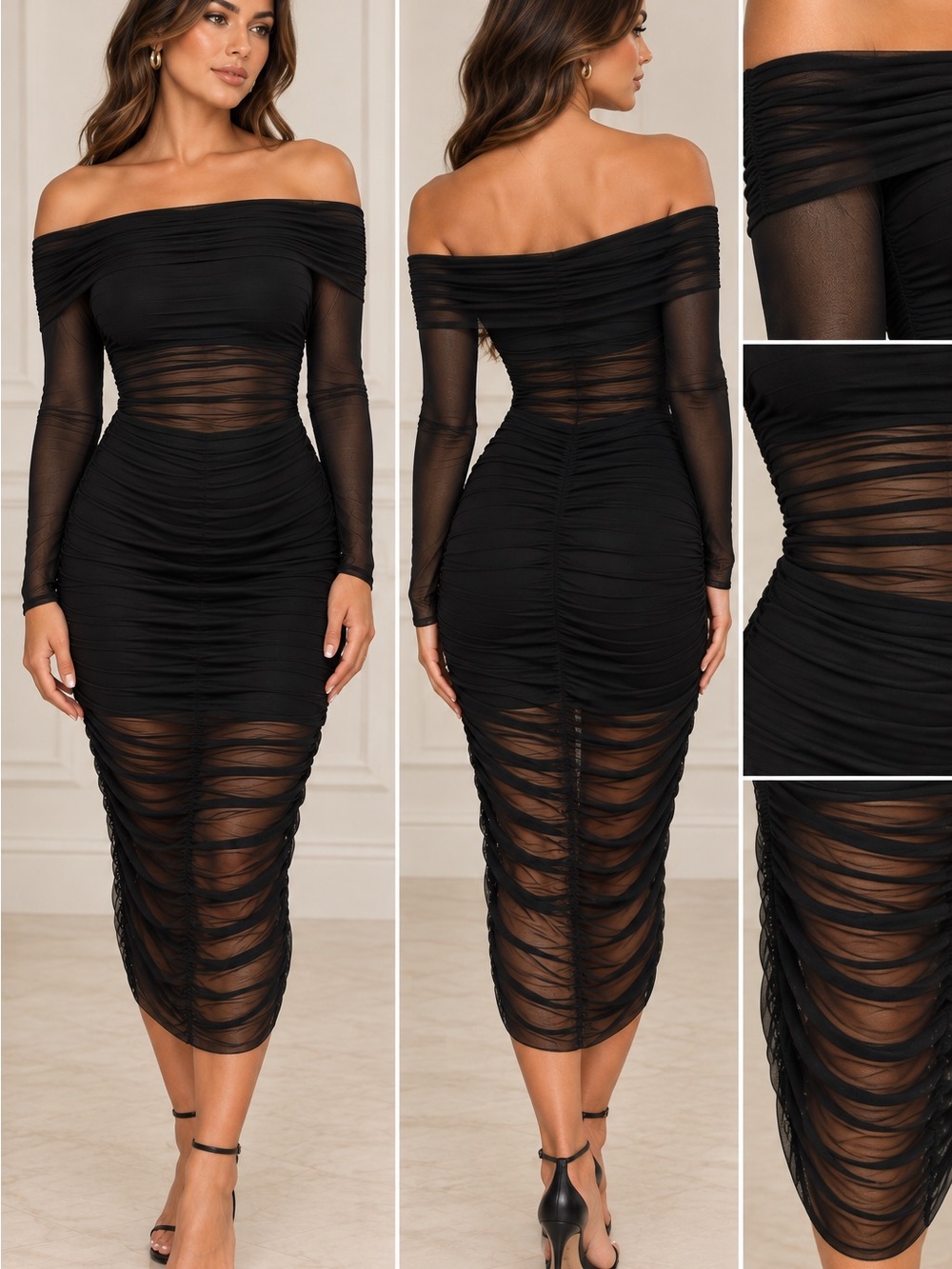 Alice + Olivia Black Off-Shoulder Ruched Mesh Midi Dress